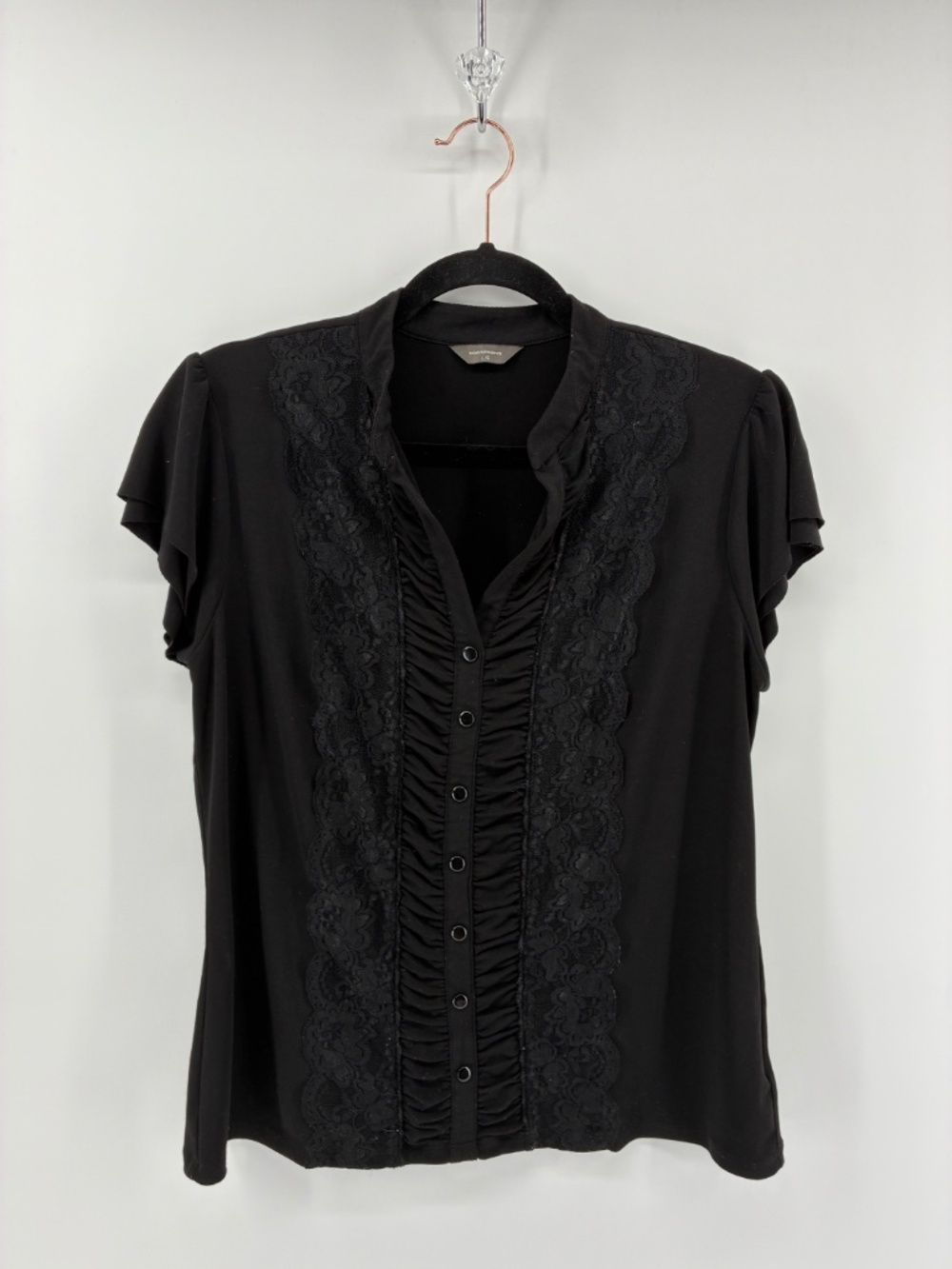 Black Ruffled Lace-Trim Women's Button Front Top - Picture 2 of 7